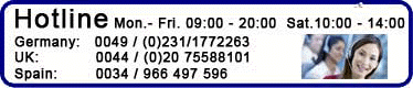 To reach our
booking hotline call
0034 / 96 649 75 96
Mon - Fri from 08:00 to 19:00
Sat from 09:00 to 13:00
(english time)